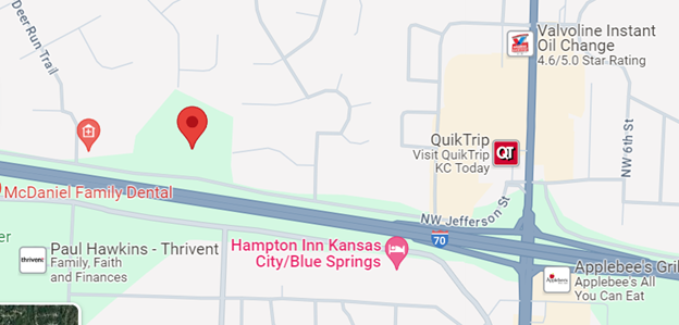 Map location of 1501 NW Jefferson St, Blue Springs MO, 39°01'58.3"N 94°16'55.2"W. Map shows cross section of 7 Hwy and the 70 Interstate. Location is northwest of this intersection.